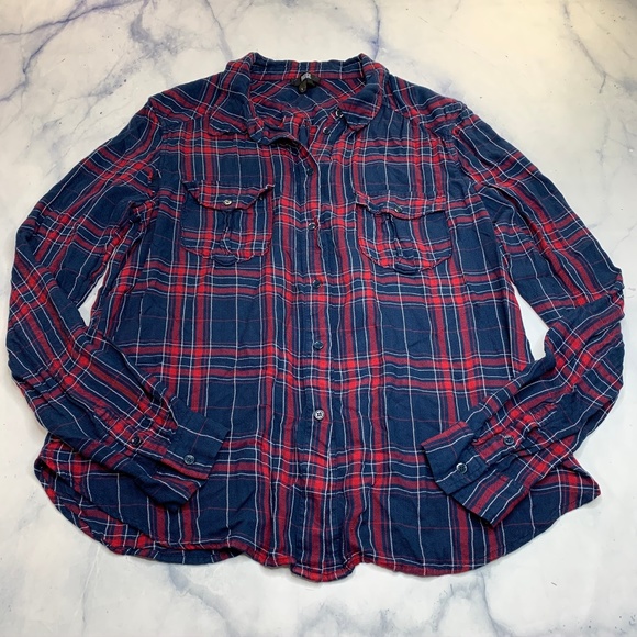 Paige Mya Shirt Dark Ink Blue Red Button Up Blouse - Picture 4 of 8